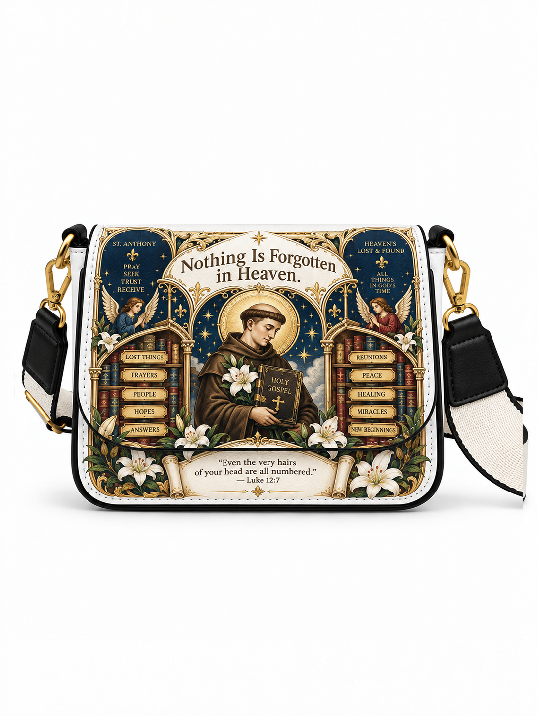 A rectangular shoulder bag with a detailed religious graphic print featuring a saint, lilies, and the text 'Nothing Is Forgotten in Heaven.' The bag has black and white panels, gold-tone hardware, and a black-and-white strap, shown on a plain white background.