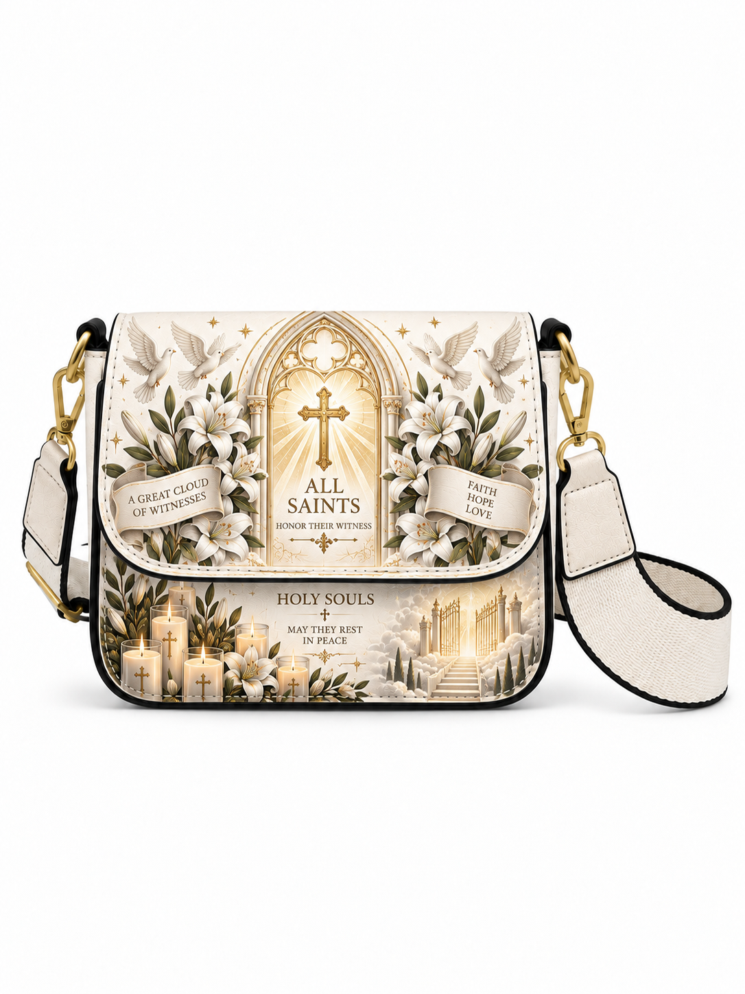 A small shoulder bag with a religious gothic design, featuring a cream and gold 'All Saints' theme with a cross, candles, and white lilies. The bag has black trim, gold-tone hardware, and a matching cream webbed shoulder strap.