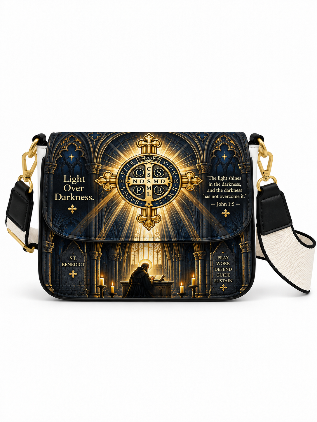 A rectangular shoulder bag with a dark navy and gold gothic cathedral interior print, featuring a large central cross and the words 'Light Over Darkness' and a Bible verse. The bag has black and white side panels, gold-tone hardware, and a black-and-white strap on a white background.
