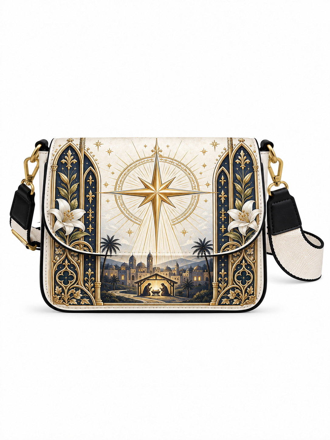 A rectangular shoulder bag with a detailed, ornate celestial and architectural print featuring a golden star, arches, flowers, and a small cityscape. The bag has black and white leather trim, gold-tone hardware, and a black-and-white striped adjustable shoulder strap, shown against a plain white background.