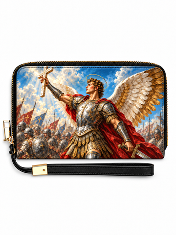 A zip-around wristlet clutch with a black wrist strap and gold-tone hardware, featuring a detailed classical painting of a winged angel in armor holding a cross, set against a plain white background.