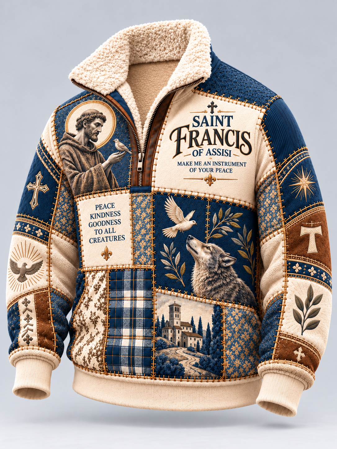 A quarter-zip fleece jacket featuring a detailed Saint Francis of Assisi patchwork design in navy blue, beige, and brown, with a cream sherpa collar.