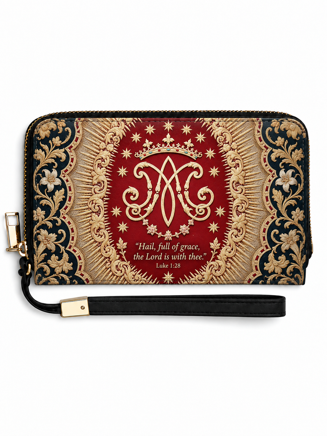 A zip-around wristlet clutch with a black wrist strap, featuring a central red medallion with gold ornamental details, a monogram motif, and a Bible verse printed in white. The sides have a dark navy and gold damask pattern.