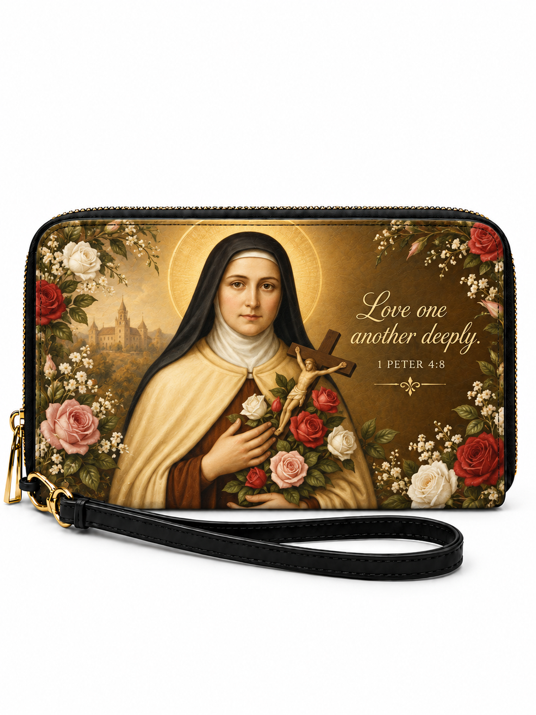 A rectangular zip-around clutch wallet with a black wrist strap, featuring a religious print of Saint Clara of Assisi surrounded by roses, with the text 'Love one another deeply. 1 PETER 4:8'.
