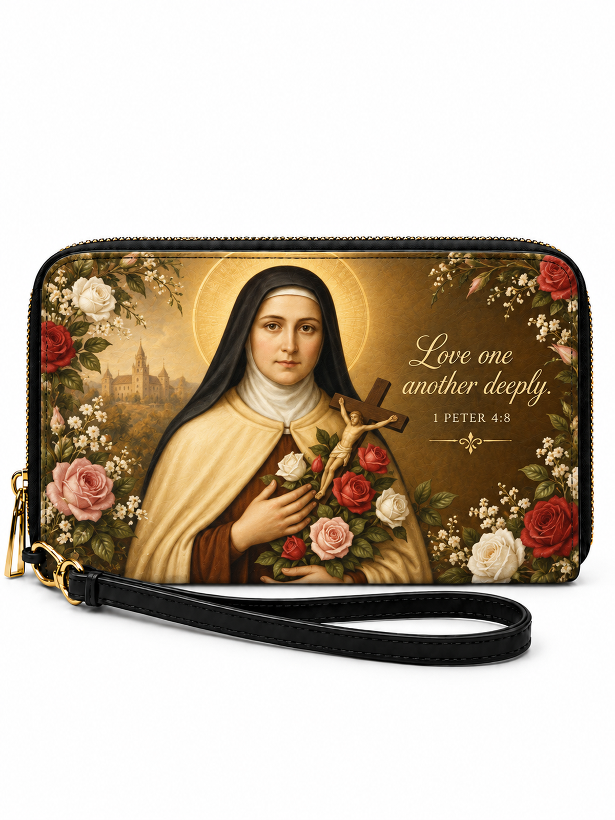 A rectangular zip-around clutch wallet with a black wrist strap, featuring a religious print of Saint Clara of Assisi surrounded by roses, with the text 'Love one another deeply. 1 PETER 4:8'.