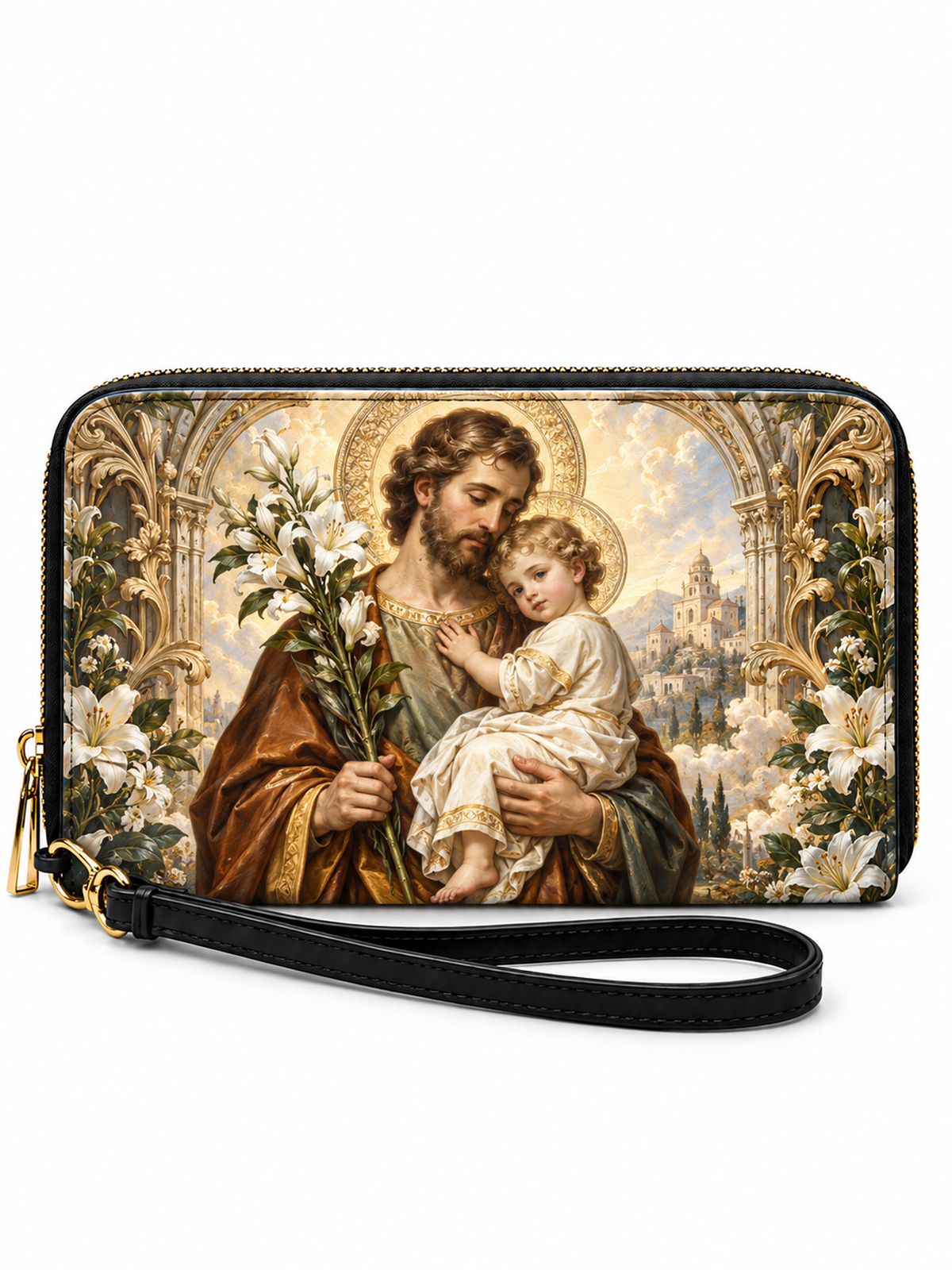 A zip-around wristlet clutch with a black wrist strap, featuring a detailed religious art print of Saint Joseph holding the infant Jesus, surrounded by white lilies and gold architectural details, on a white background.
