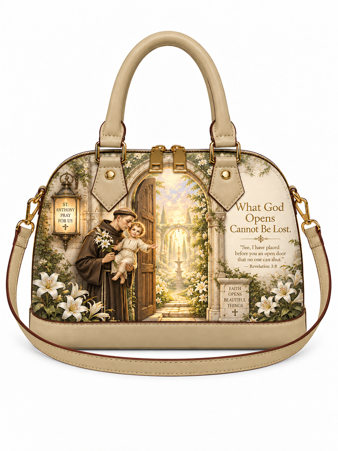 A beige leather handbag with a detailed religious graphic print on the front, featuring a saint holding a child at an open cathedral door, white lilies, and a Bible verse. The bag has double top handles and a matching shoulder strap, shown against a plain white background.