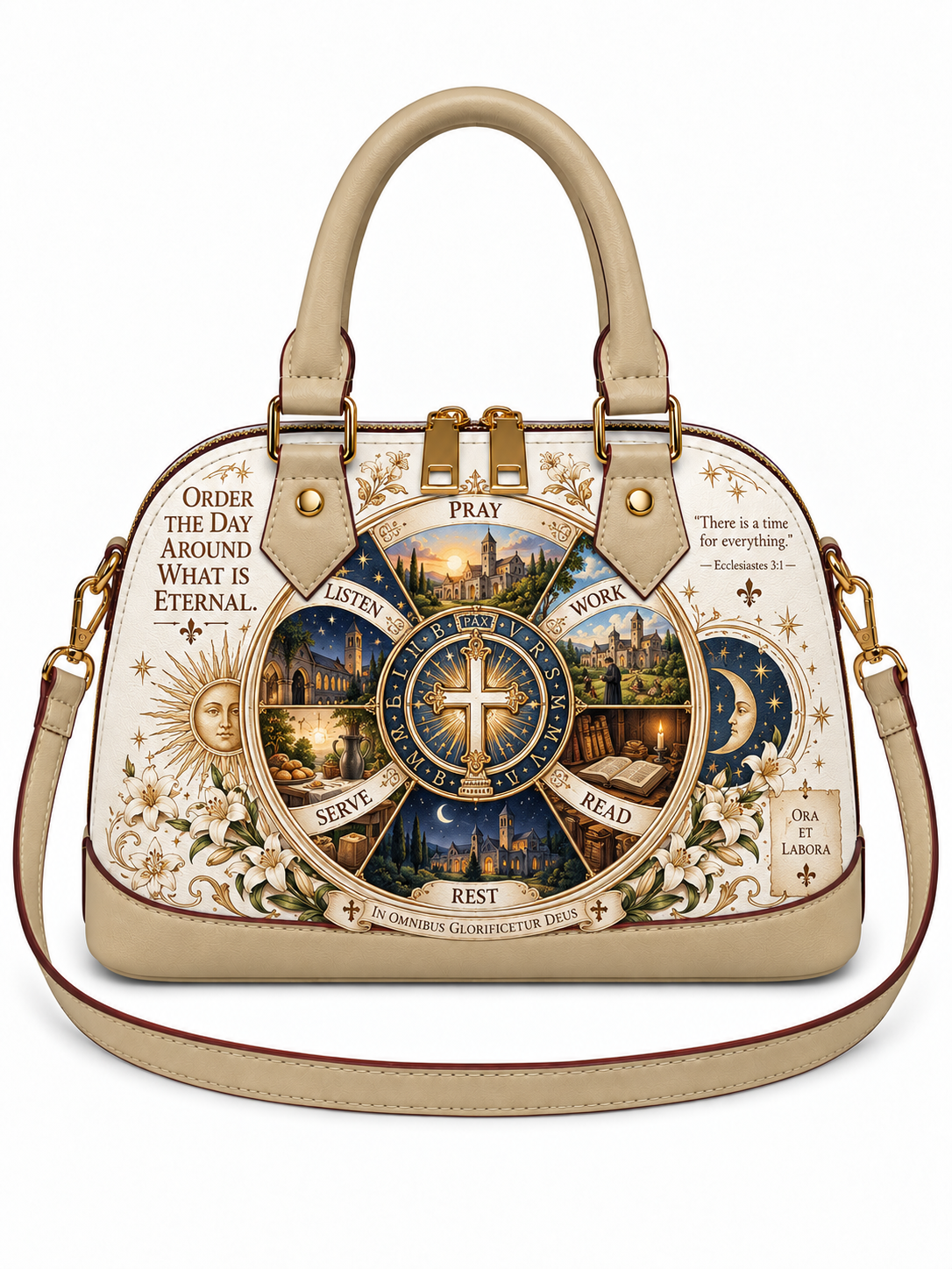 A structured dome-shaped handbag with beige leather handles and shoulder strap, featuring an ornate religious illustration on the front with a central cross, surrounding scenes, and text including 'Pray', 'Serve', 'Read', and 'Rest'.