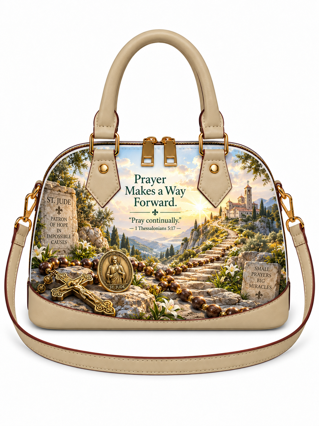 A structured dome-shaped handbag with beige leather handles and trim, featuring a detailed religious landscape print on the front. The print shows a pathway leading to a castle, prayer beads, a crucifix, tombstones, and a medallion, with the text 'Prayer Makes a Way Forward.
