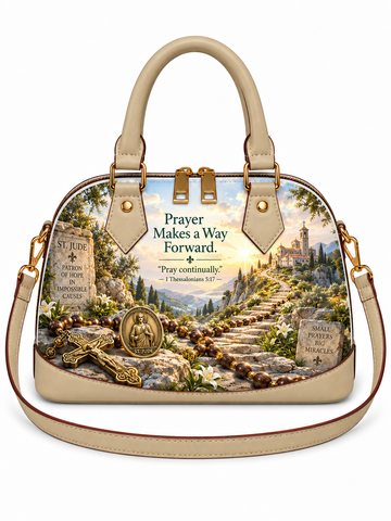 A structured dome-shaped handbag with beige leather handles and trim, featuring a detailed religious landscape print on the front. The print shows a pathway leading to a castle, prayer beads, a crucifix, tombstones, and a medallion, with the text 'Prayer Makes a Way Forward.