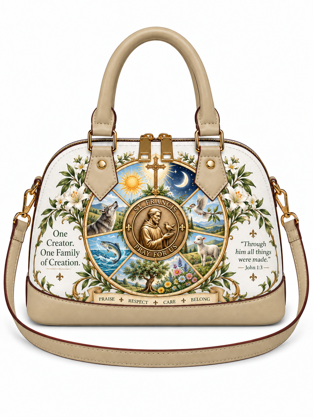 A beige dome-shaped handbag with a detailed religious illustration featuring Saint Joseph, a cross, a crescent moon, and the words 'One Creator, One Family of Creation' on a white background.