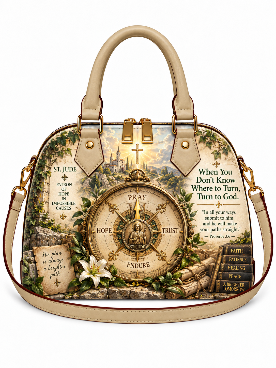 A structured beige handbag with a detailed religious and inspirational print featuring a compass, Bible verses, a cross, and floral motifs. The bag has dual top handles, a matching shoulder strap, and gold-tone hardware.