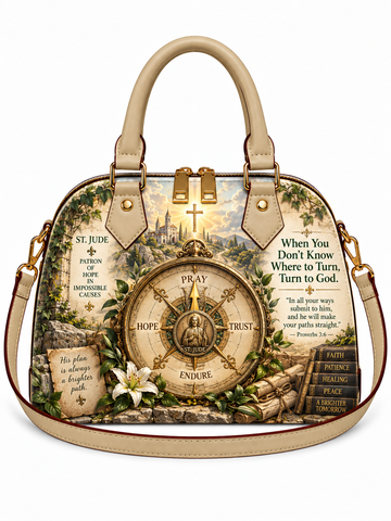 A structured beige handbag with a detailed religious and inspirational print featuring a compass, Bible verses, a cross, and floral motifs. The bag has dual top handles, a matching shoulder strap, and gold-tone hardware.