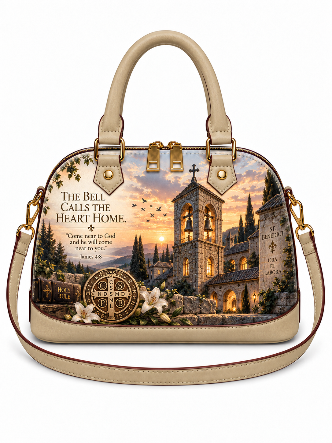 A structured dome-shaped handbag with beige leather trim and handles, featuring a detailed printed graphic of a church at sunset with the text 'The Bell Calls the Heart Home' and a Bible verse. It has gold-tone hardware and a matching beige shoulder strap on a white background.