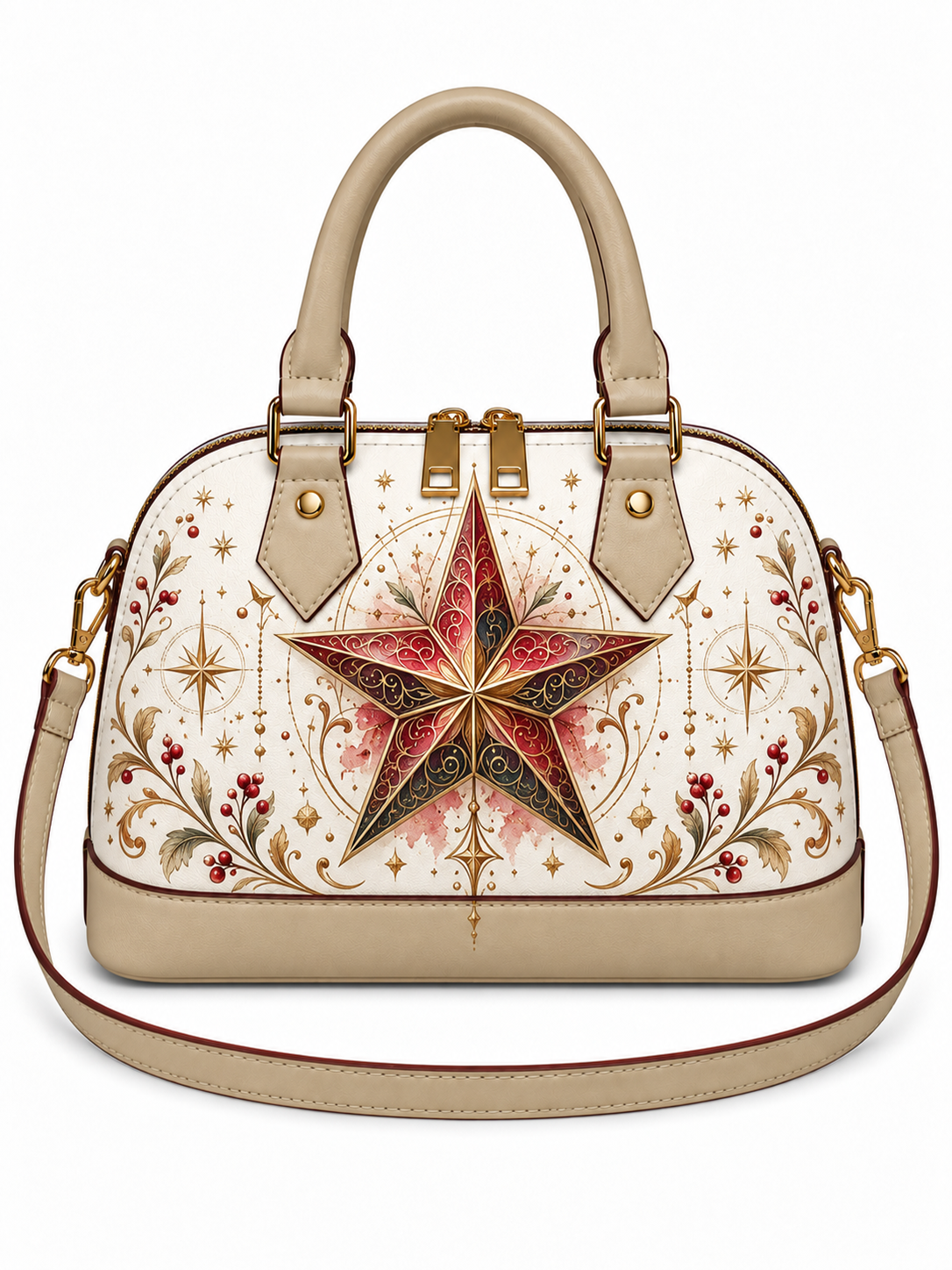 A structured dome handbag in beige faux leather with a large central red and gold star motif, surrounded by floral and star patterns on a cream background, featuring dual top handles and a shoulder strap.