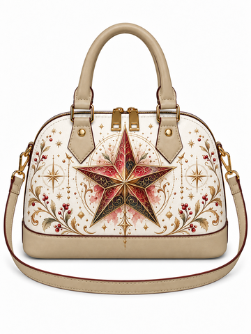 A structured dome handbag in beige faux leather with a large central red and gold star motif, surrounded by floral and star patterns on a cream background, featuring dual top handles and a shoulder strap.