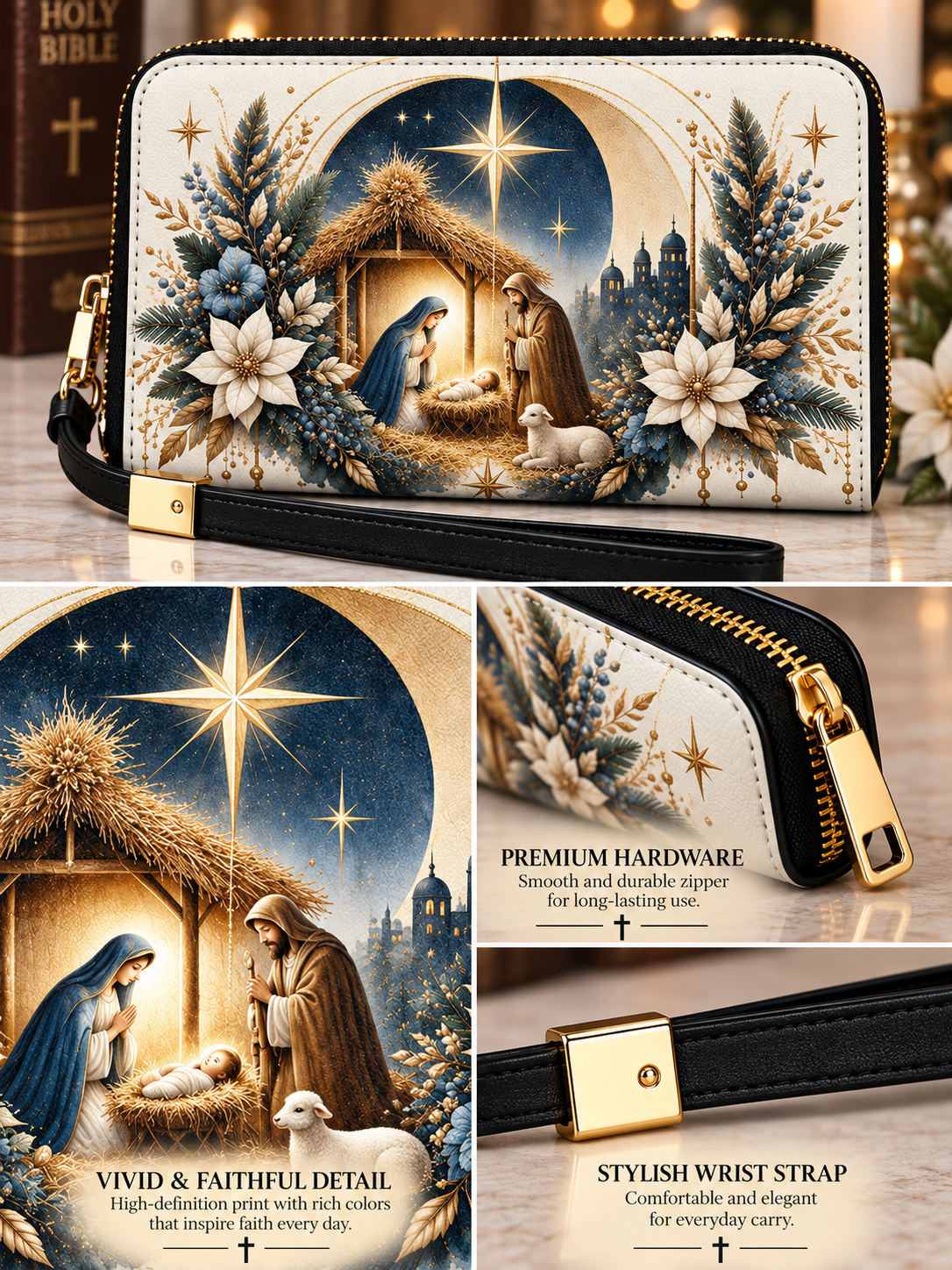 A collage showing a zip-around wristlet wallet with a black wrist strap and a large Christmas Nativity scene print. The main panel shows the wallet closed with gold-tone hardware and a strap.
