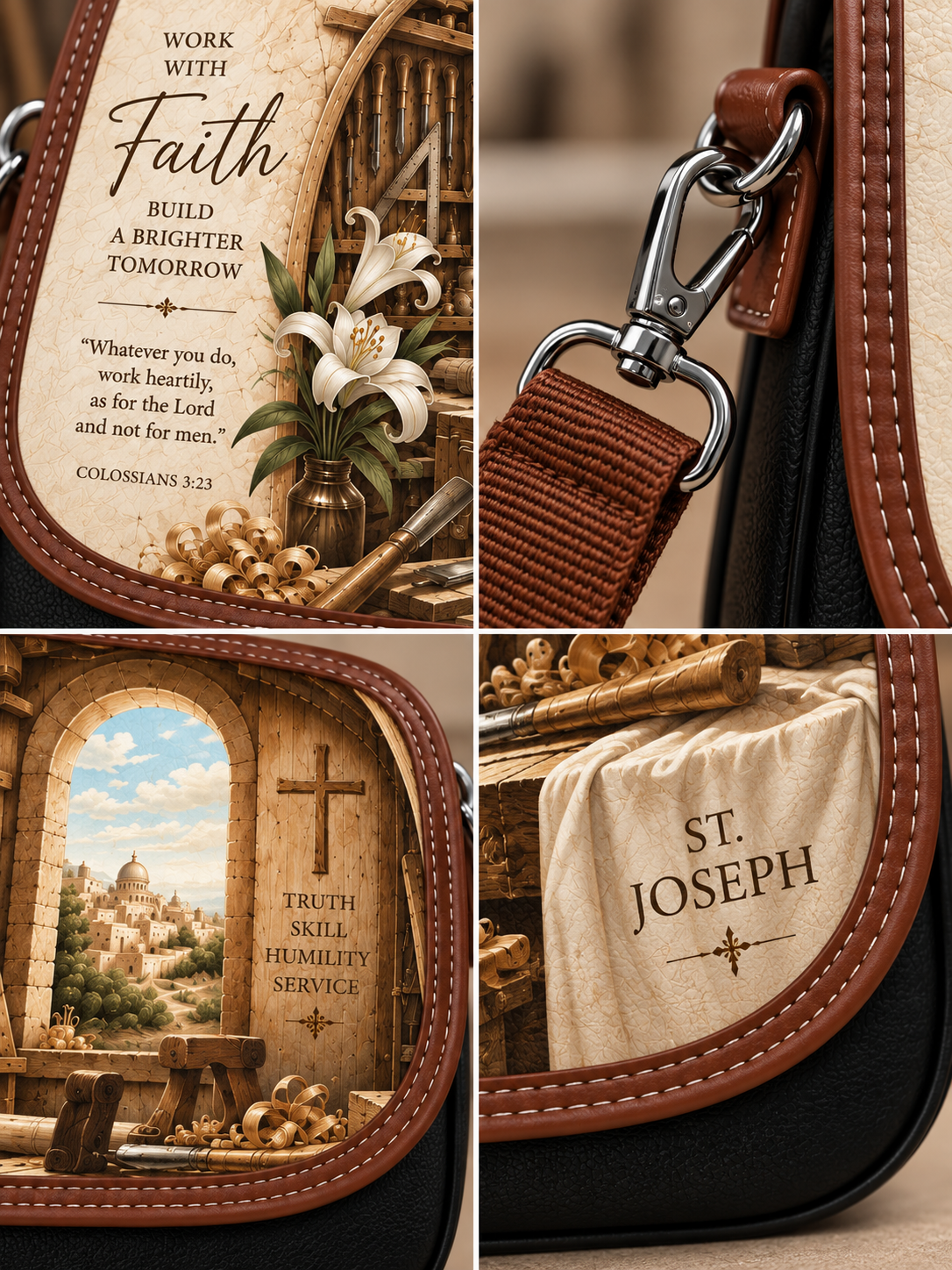 A four-panel close-up collage of a black and brown leather crossbody bag with a religious St. Joseph theme.