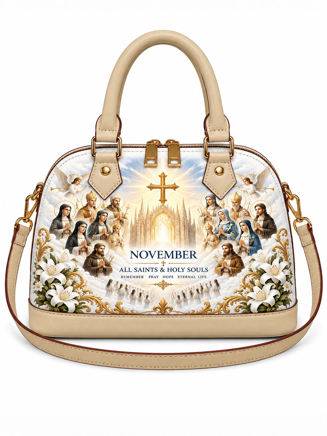 A beige dome-shaped handbag with a detailed religious print featuring saints, a golden cross, and the text 'NOVEMBER ALL SAINTS & HOLY SOULS'. The bag has beige leather handles and trim with gold-tone hardware, set against a plain white background.