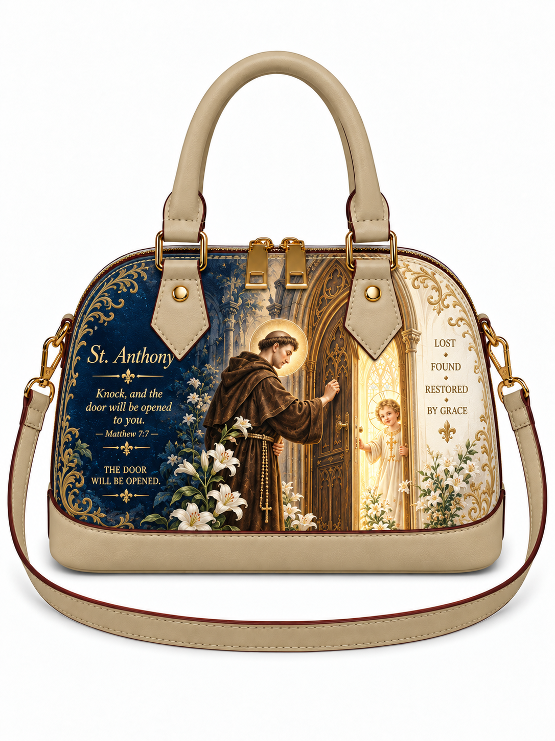 A structured dome-shaped handbag with beige leather trim and handles, featuring a detailed St. Anthony religious illustration on the front panel with gold-tone hardware and a matching shoulder strap.