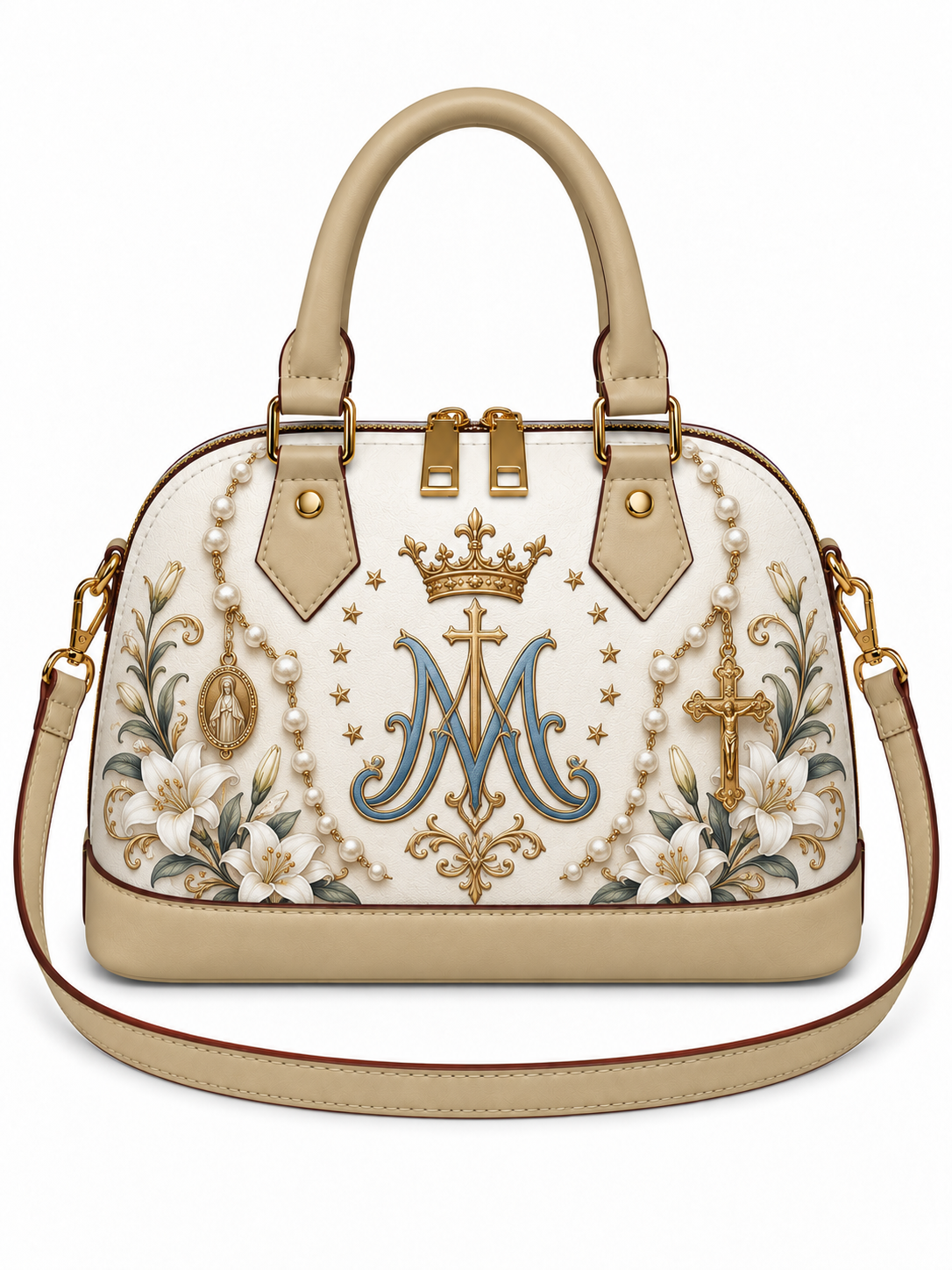 A structured dome handbag in beige faux leather with gold-tone hardware, featuring an intricate embroidered design on the front. The embroidery includes a large blue and gold monogram 'M' under a crown, surrounded by white flowers, green leaves, and pearl-like bead details.