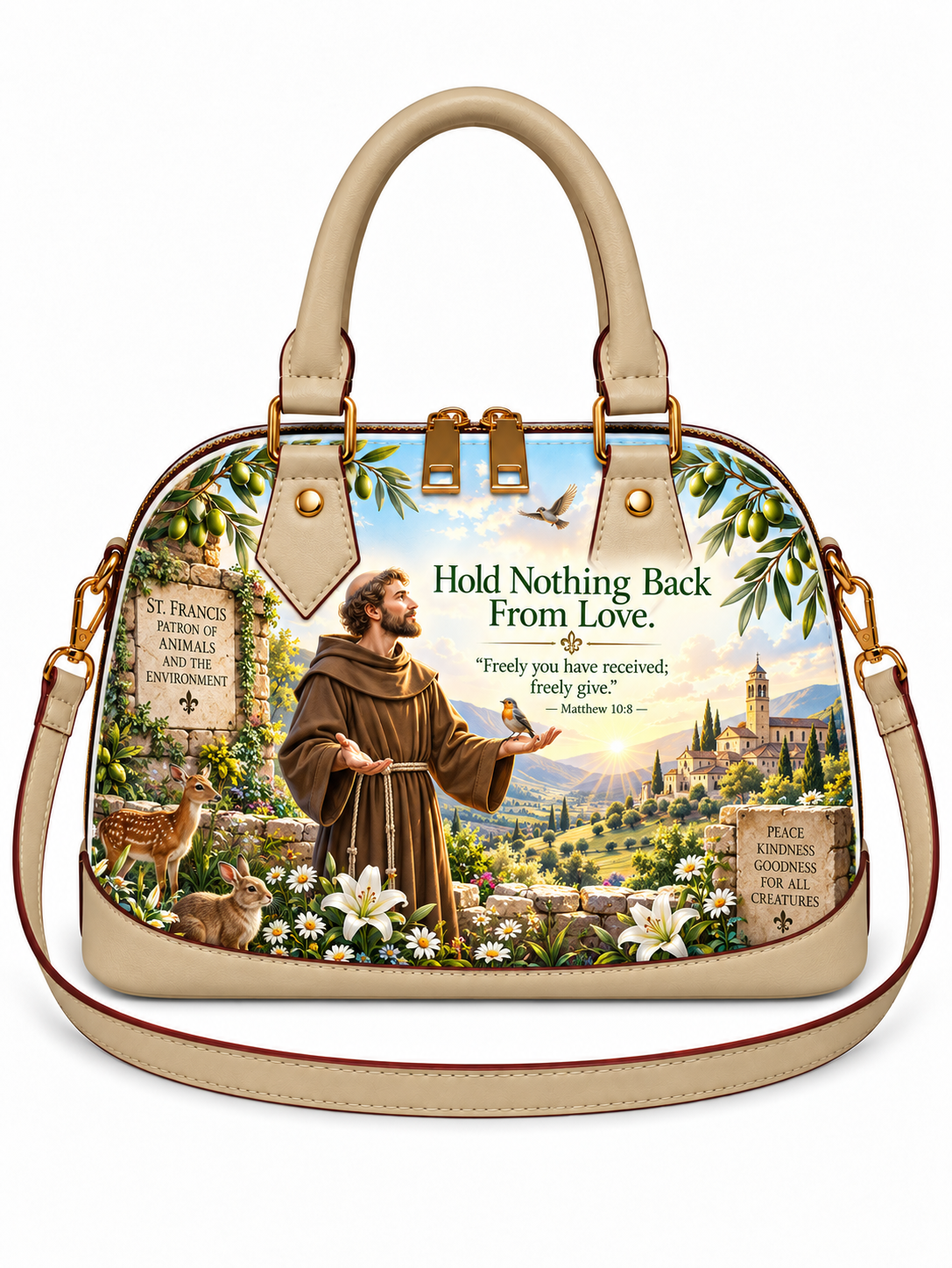 A structured dome-shaped handbag with beige leather trim and handles, featuring a large printed illustration of Saint Francis of Assisi in a pastoral landscape with text reading 'Hold Nothing Back From Love.' The bag is shown on a plain white background with a matching shoulder strap visible.