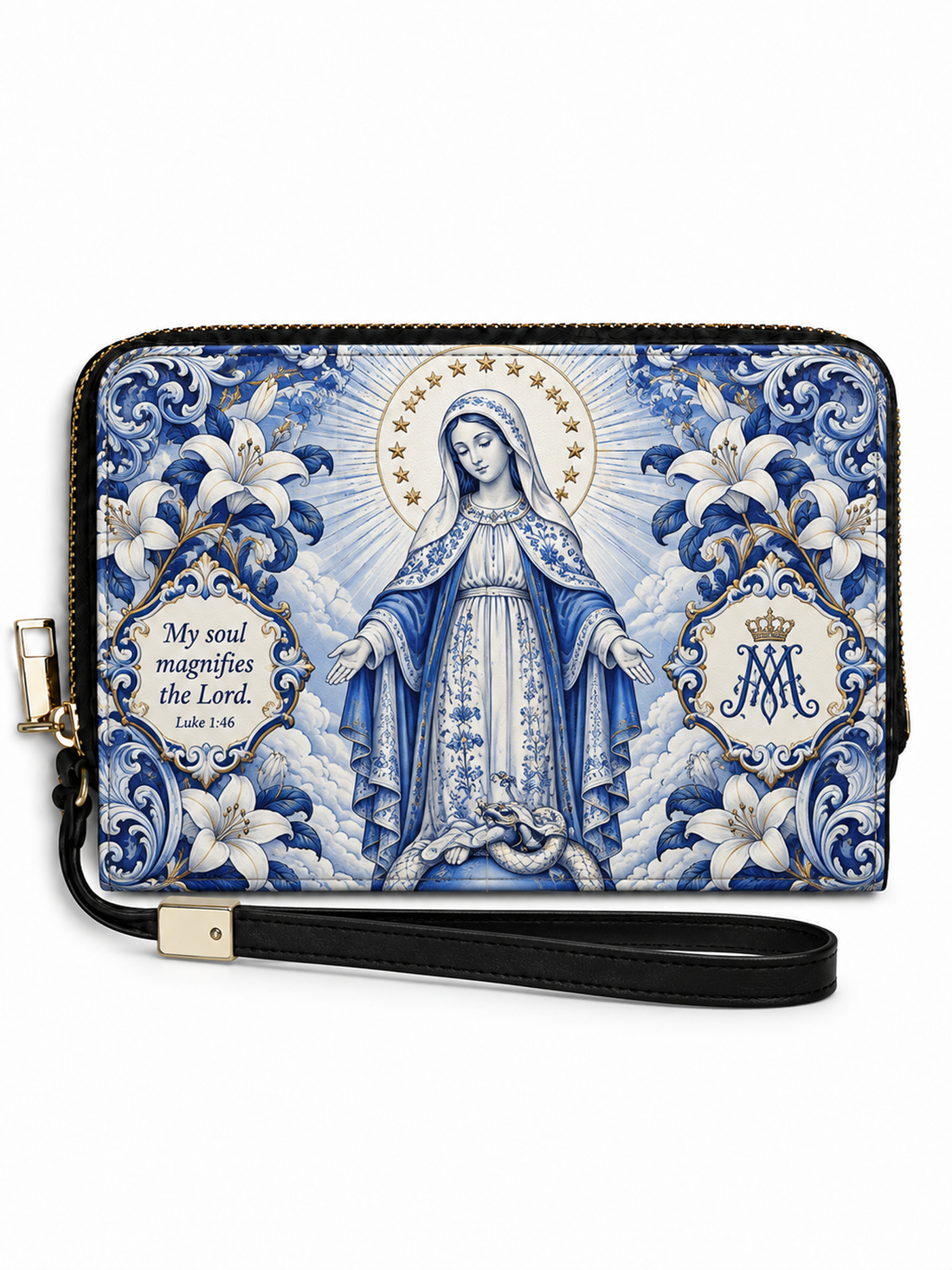 A blue and white religious zip-around wallet featuring a depiction of the Virgin Mary, surrounded by lilies and ornate baroque-style patterns. The wallet has a black wrist strap with gold-tone hardware and is shown on a plain white background.