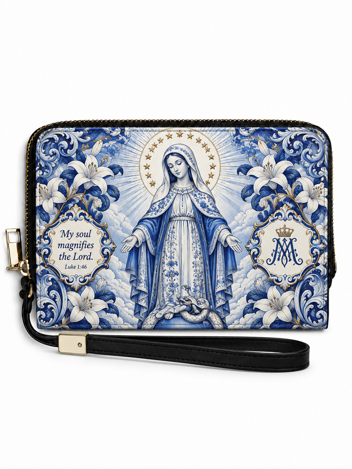 A blue and white religious zip-around wallet featuring a depiction of the Virgin Mary, surrounded by lilies and ornate baroque-style patterns. The wallet has a black wrist strap with gold-tone hardware and is shown on a plain white background.