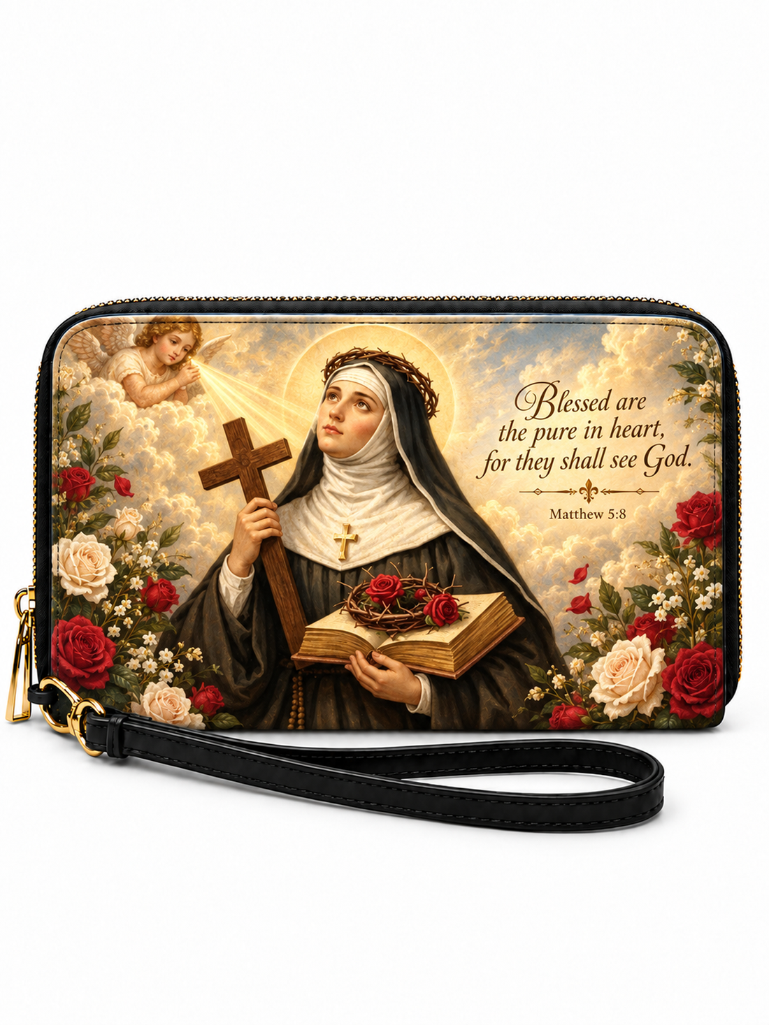 A rectangular zip-around clutch wallet with a black wrist strap, featuring a printed religious illustration of a nun holding a cross and book, surrounded by roses, with scripture text on a white background.
