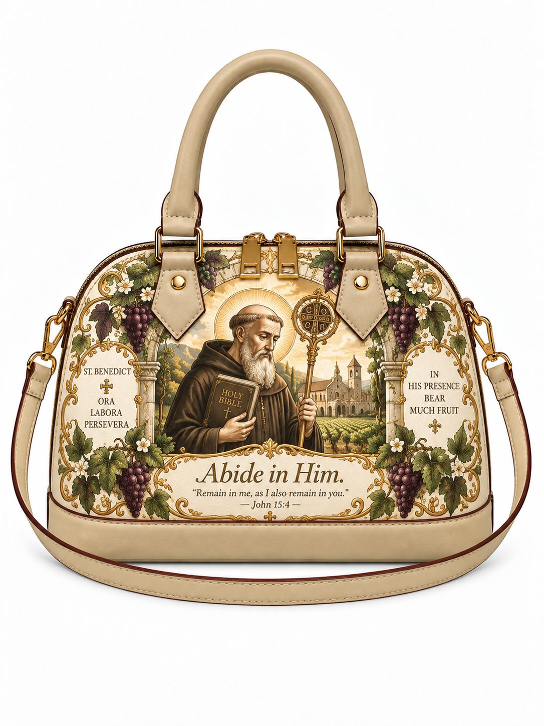 A structured dome-shaped handbag with beige leather handles and trim, featuring a large printed religious illustration of Saint Benedict on the front. The print includes grapes, foliage, pillars, and text such as 'Abide in Him' and scripture references.