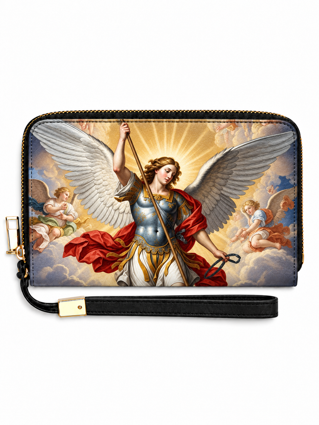 A zip-around wristlet clutch featuring a detailed religious print of Archangel Michael with large white wings, a red cloak, and a gold radiant halo. The clutch has gold-tone hardware, a black wrist strap, and is shown on a plain white background.