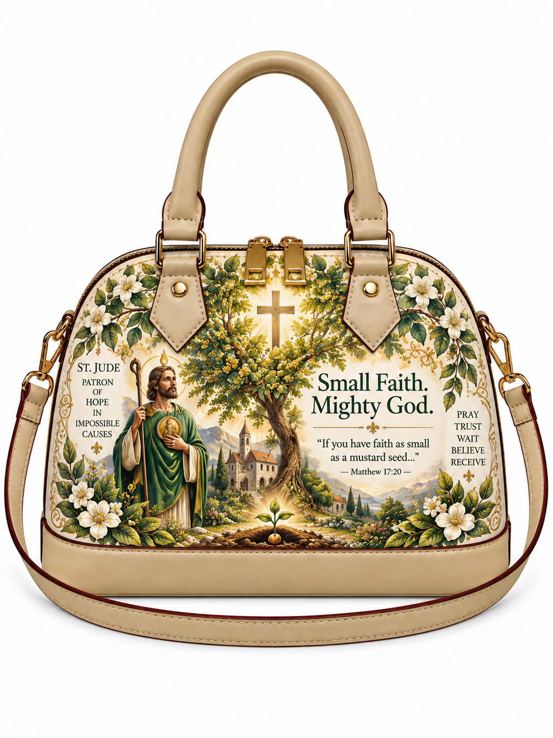 A structured beige handbag with a detailed religious illustration on the front. The design features St.
