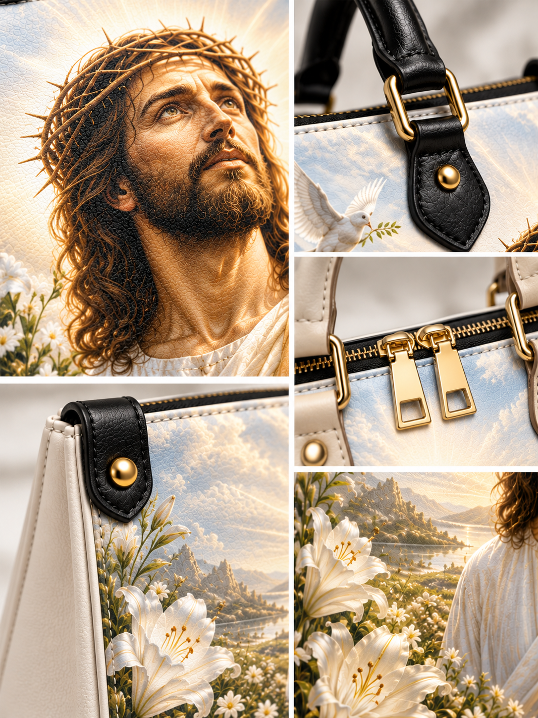 A collage of five product detail shots showing a handbag with a printed scenic design featuring Jesus with a crown of thorns, white lilies, mountains, and sky. The bag includes black leather trim, gold-tone hardware, and a cream/off-white body.