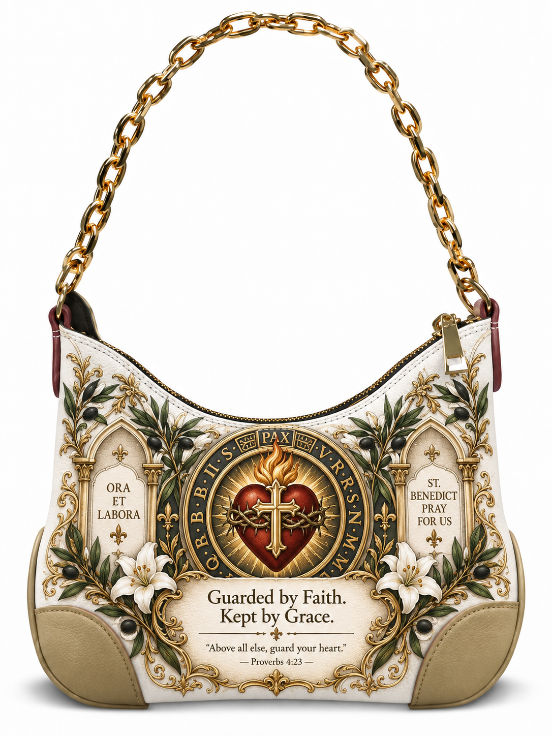 A white hobo shoulder bag with a gold chain strap, decorated with a detailed Sacred Heart of Jesus design, gold filigree borders, and white flowers on a clean white background.