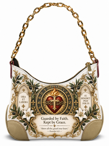 A white hobo shoulder bag with a gold chain strap, decorated with a detailed Sacred Heart of Jesus design, gold filigree borders, and white flowers on a clean white background.