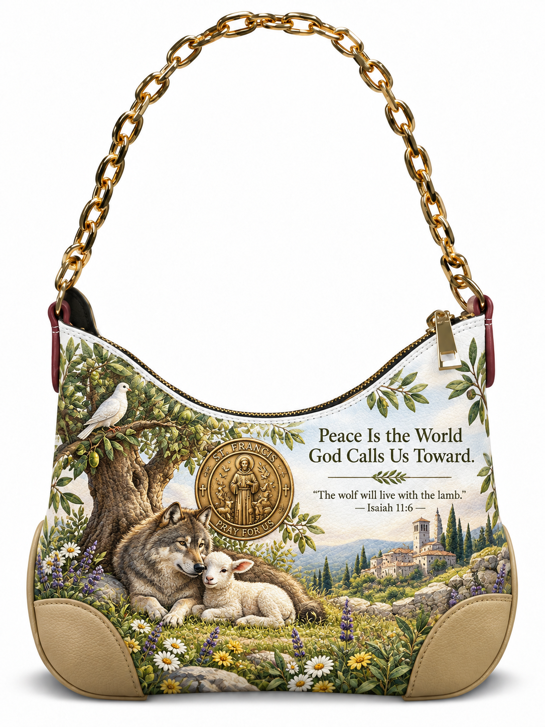 A hobo-style shoulder bag with a gold chain strap, featuring a detailed pastoral illustration of a wolf and lamb, a white bird, flowers, a castle, and printed text reading 'Peace Is the World God Calls Us Toward.' and 'The wolf will live with the lamb.