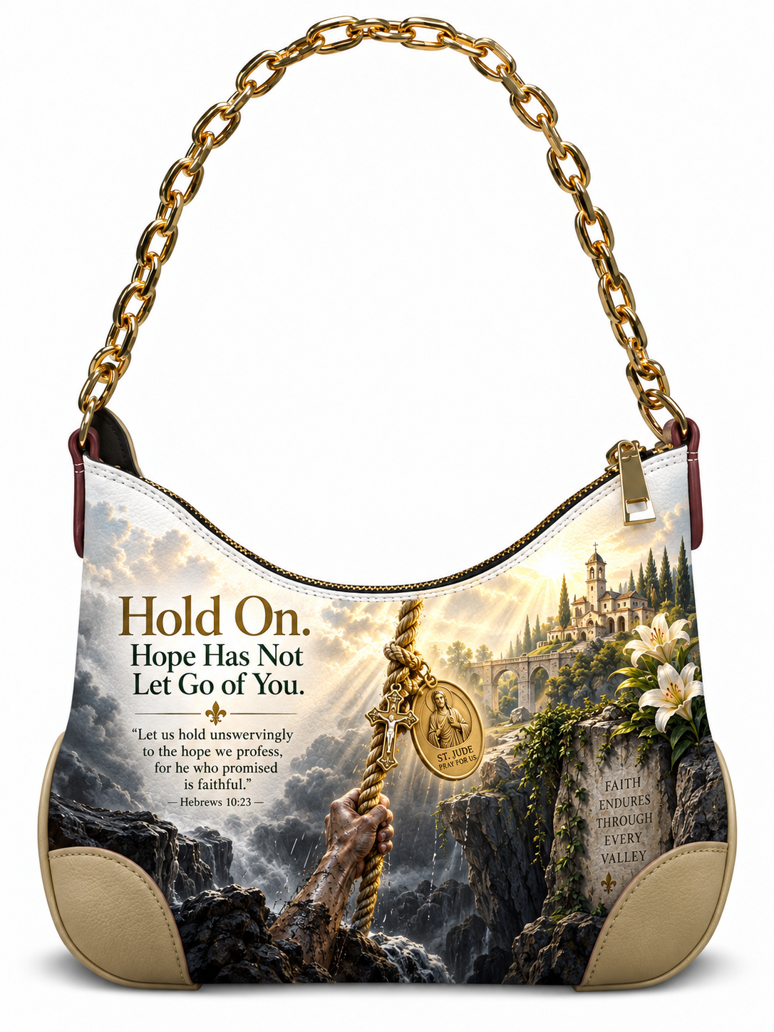 A hobo-style shoulder bag with a gold chain strap and beige leather corner protectors, featuring a printed religious scene of a woman climbing a rope toward a castle, with the text 'Hold On. Hope Has Not Let Go of You.
