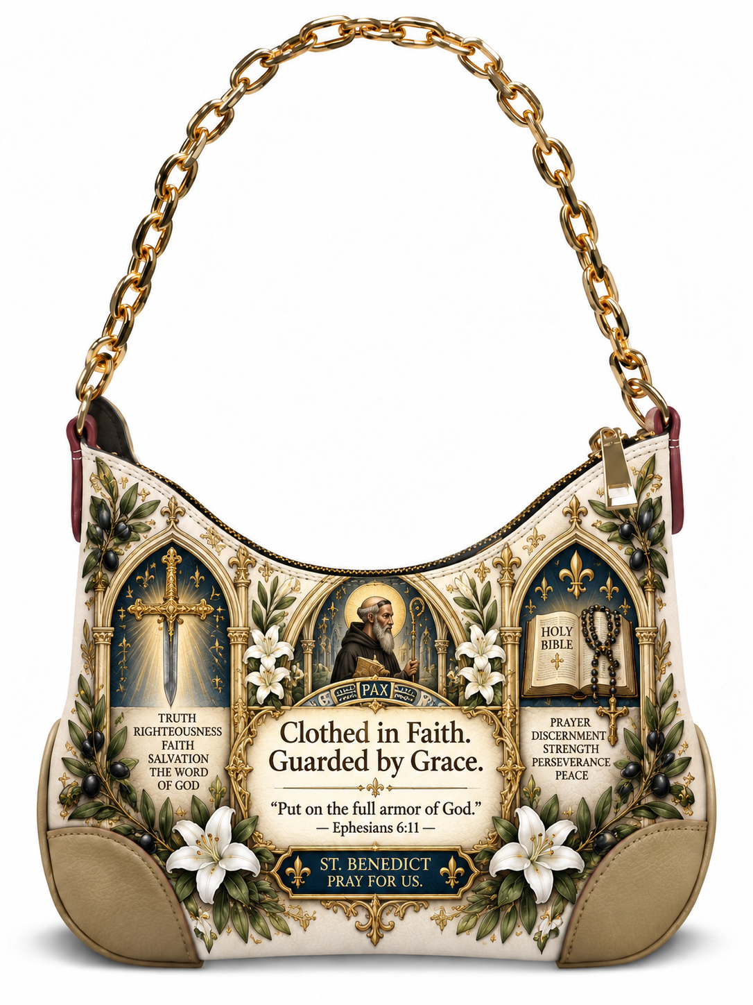 A hobo-style shoulder bag with a gold chain strap, featuring a printed St. Benedict religious design with text, floral motifs, and saint imagery on a white background.