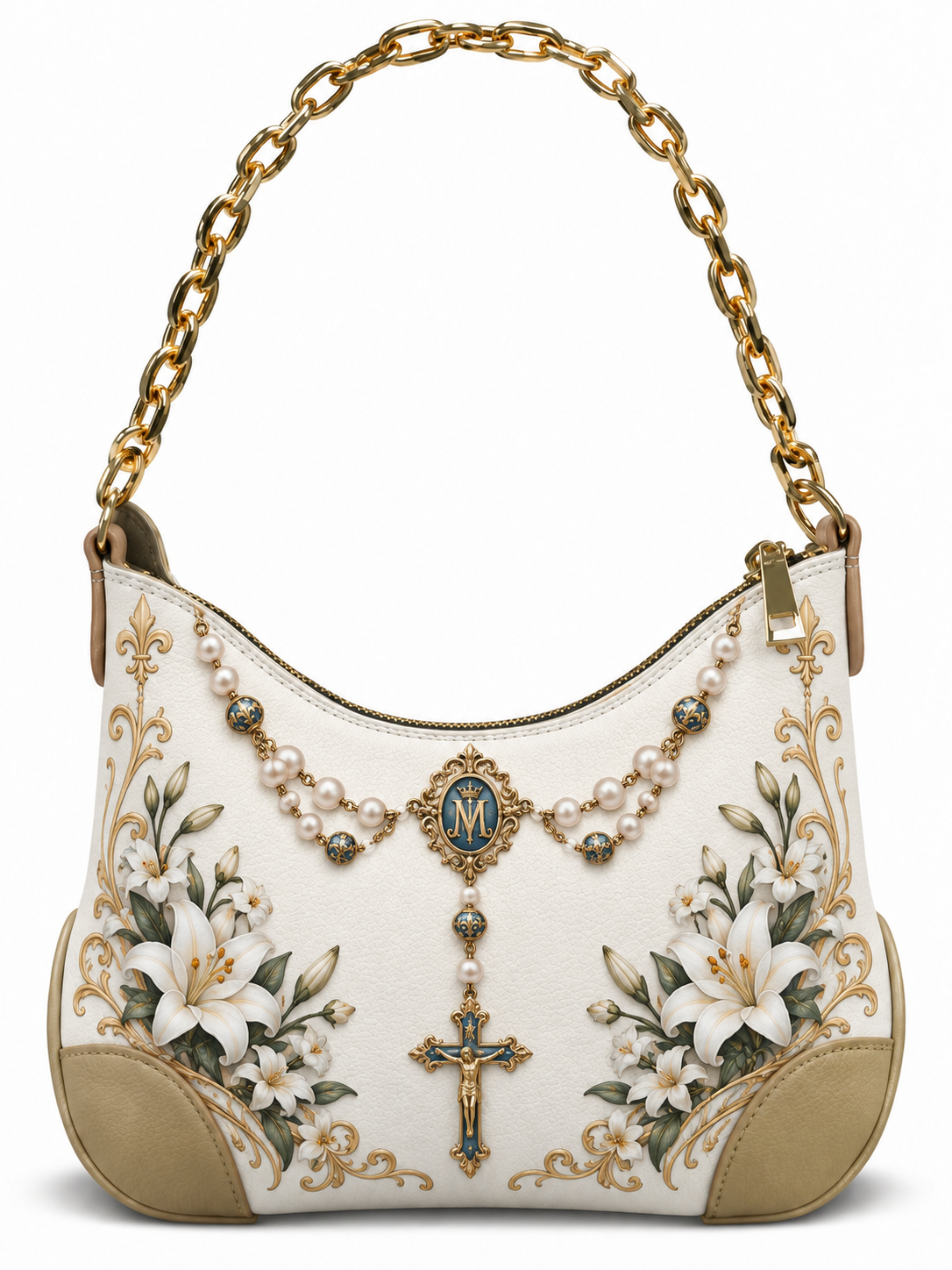 An off-white leather shoulder bag with gold chain straps, featuring white lilies, gold floral scrollwork, a pearl beaded necklace, and a central gold cross with a blue and gold monogram 'M'.