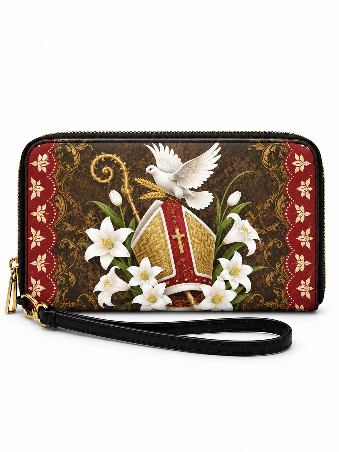 A rectangular zip-around wristlet clutch with a black wrist strap, featuring a religious design of a red and gold bishop's mitre, white lilies, a white dove, and a golden crozier on a dark brown damask background, with red patterned side borders.