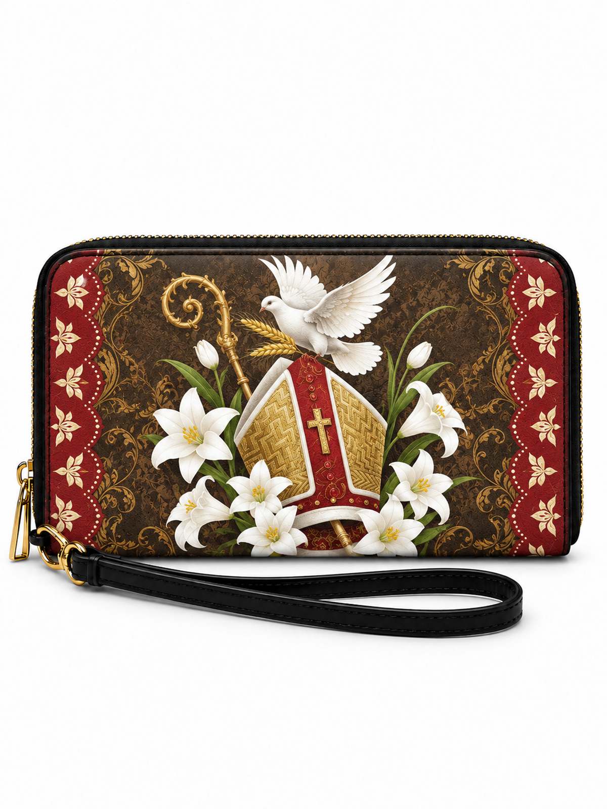 A rectangular zip-around wristlet clutch with a black wrist strap, featuring a religious design of a red and gold bishop's mitre, white lilies, a white dove, and a golden crozier on a dark brown damask background, with red patterned side borders.