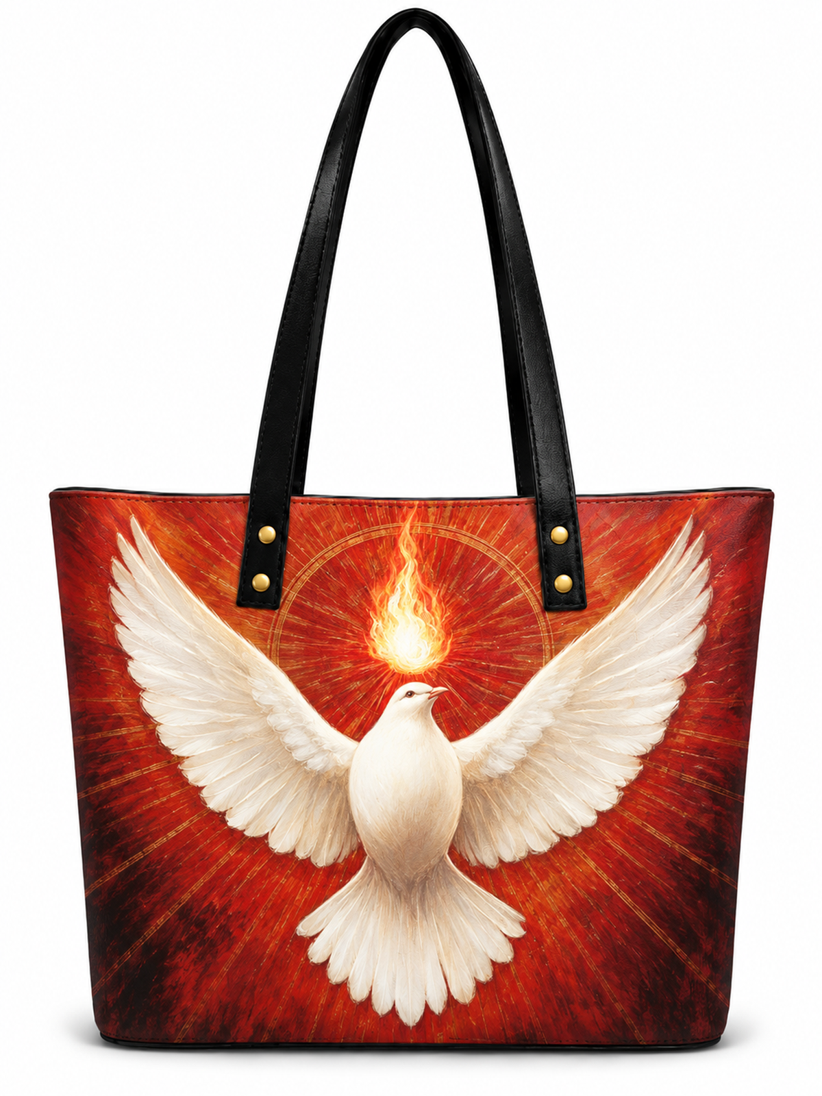 A tote bag with black shoulder straps and a red and orange graphic print featuring a white dove with a glowing flame at its head, shown on a plain white background.