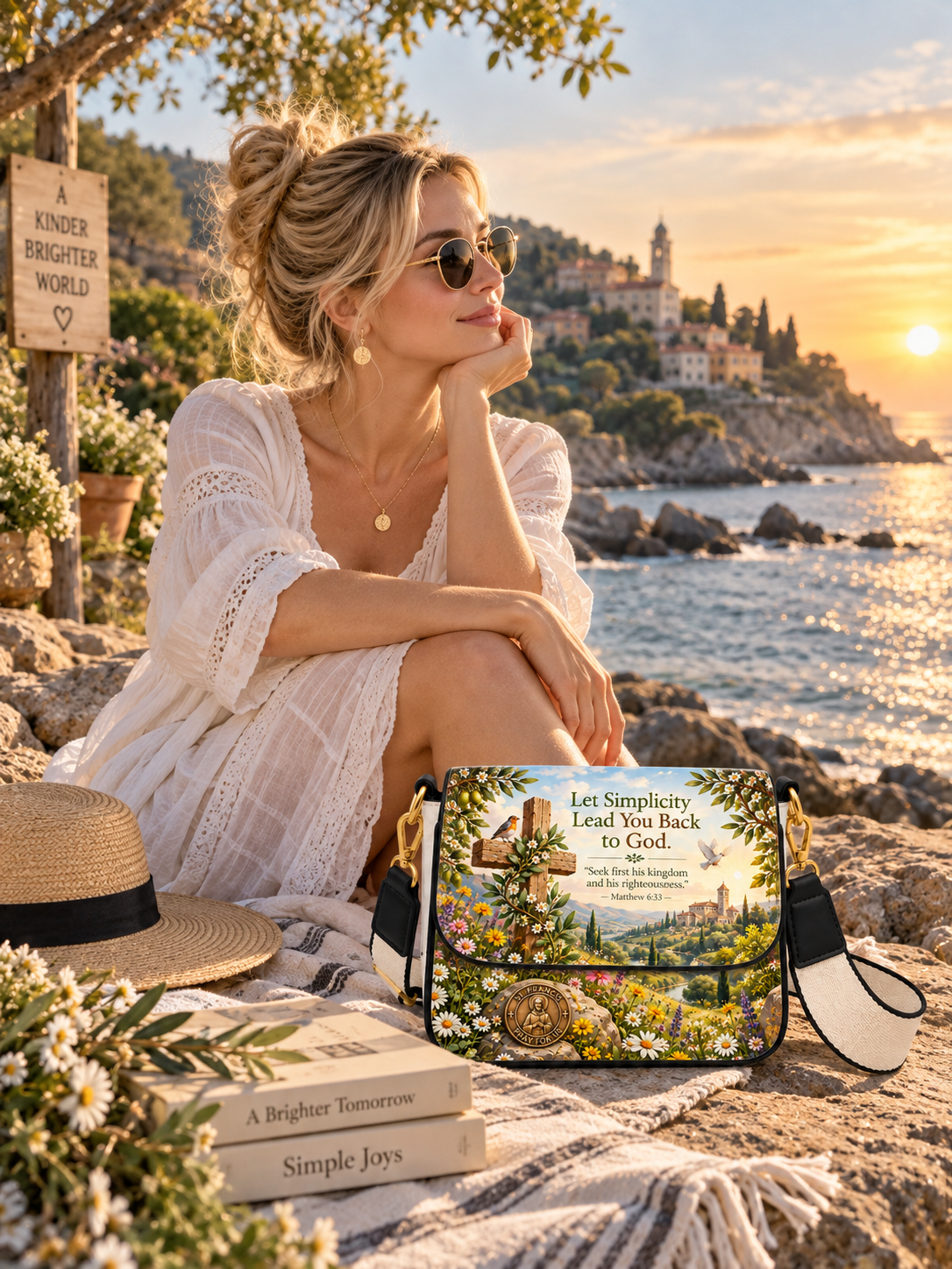 A crossbody shoulder bag with a black leather trim and a white woven strap, featuring a colorful printed design of a Tuscan landscape, a wooden cross, a bird, and religious text on the front flap.