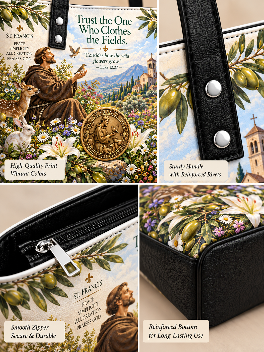 A collage showing a black zip pouch or clutch with a St. Francis illustration print.