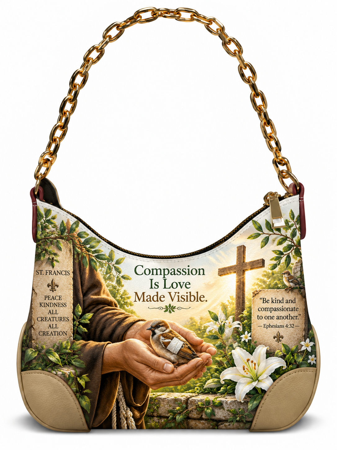 A hobo-style shoulder bag with a gold chain handle, featuring a printed religious design. The design shows a saint in brown robes holding a baby in their hands, a cross, white lilies, and text including 'Compassion Is Love Made Visible.