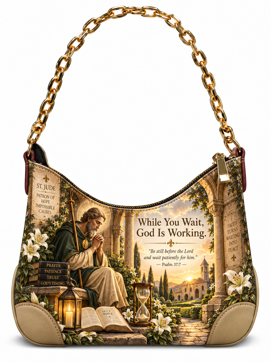 A hobo-style shoulder bag with a gold-tone chain strap, featuring a detailed religious illustration printed across the body. The design shows St.
