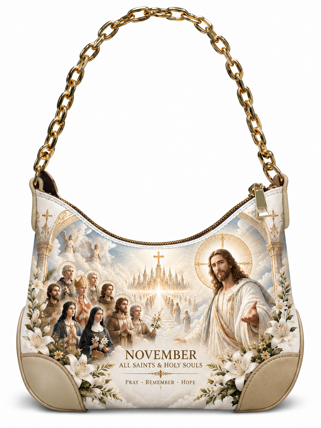 A hobo-style shoulder bag with a gold chain strap, featuring a large religious graphic print on the front. The print depicts Jesus Christ, saints, a basilica, and the text 'NOVEMBER ALL SAINTS & HOLY SOULS'.