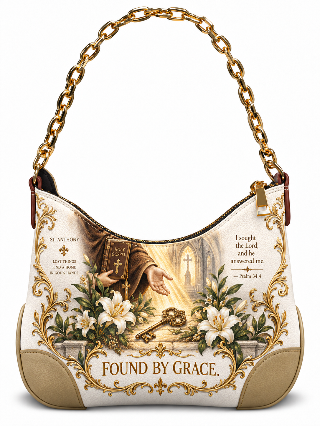 A hobo-style shoulder bag with a gold chain strap, featuring a detailed religious graphic on the front. The design includes a saint, a Bible, white lilies, a golden key, and scripture text, with the phrase 'FOUND BY GRACE.