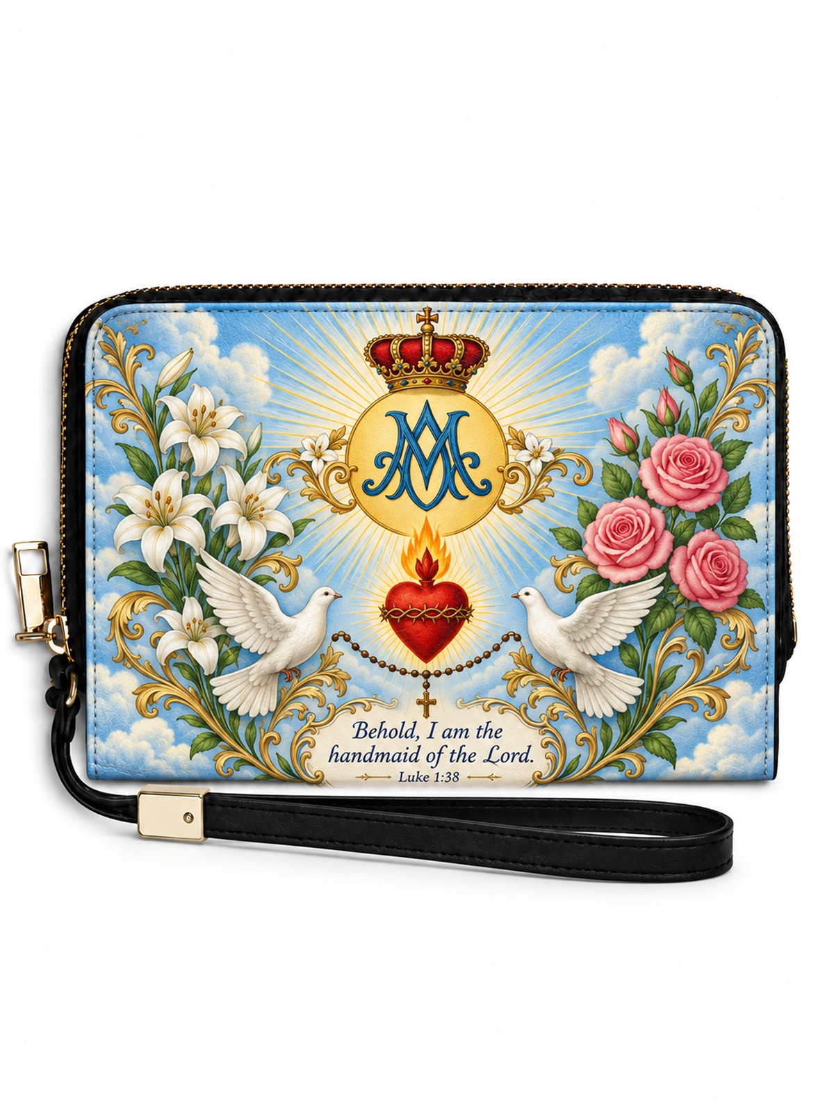 A zip-around wristlet wallet with a black wrist strap, featuring a colorful religious design with a crown, radiant heart, two white doves, pink roses, white lilies, and a blue monogram 'M' on a light blue sky background.