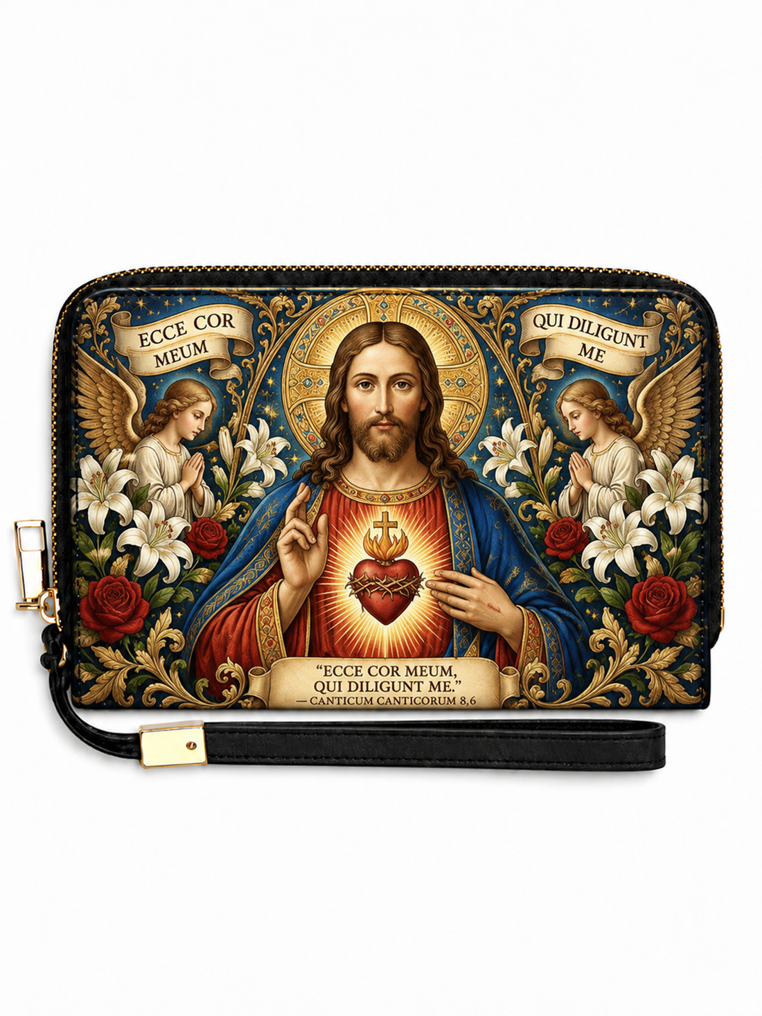 A zip-around wallet with a wrist strap, featuring a detailed religious illustration of Jesus Christ with angels, lilies, and roses on a white background.